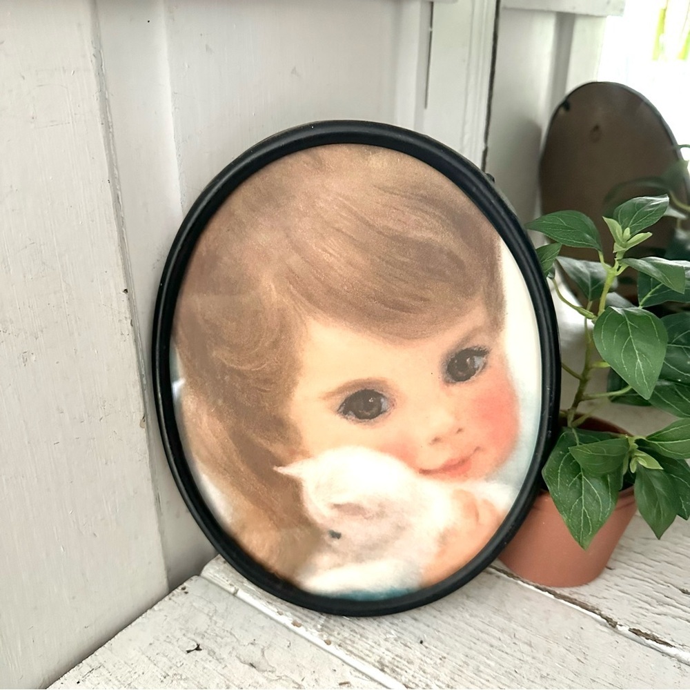 Vintage 1960’s Francis Hook Northern Baby Print w/ White Kitten Framed Wall Art